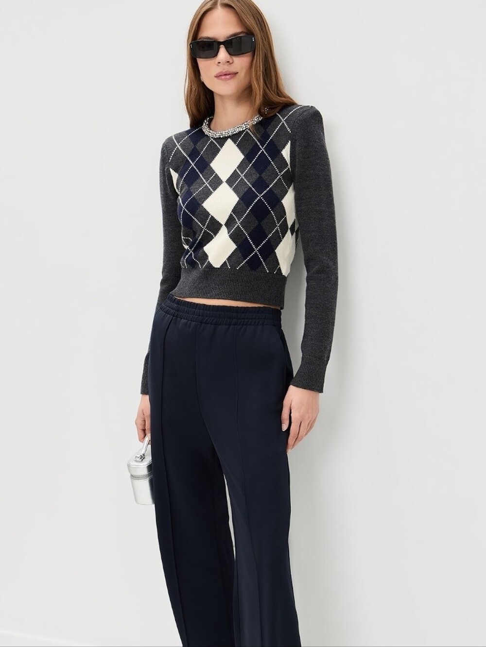 Self Portrait Argyle Crystal Trim Sweater